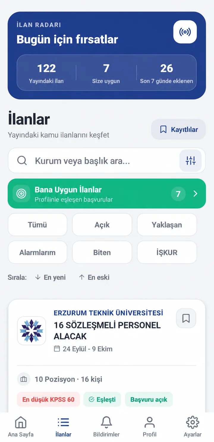 İlanlar ekranı: ilan radarı, filtreler ve eşleşen ilan kartı